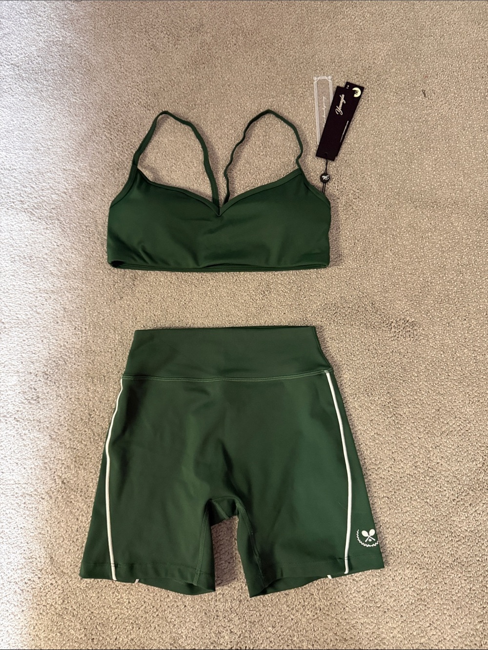 YoungLA Green Strappy Sports Bralette, High-Waist Bike Shorts Set, bra M,short S